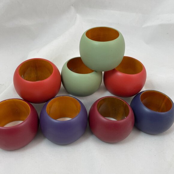 Set of 8 Colorful Wooden Napkin Rings – Made in India – Boho Table Decor Accent - Picture 2 of 4